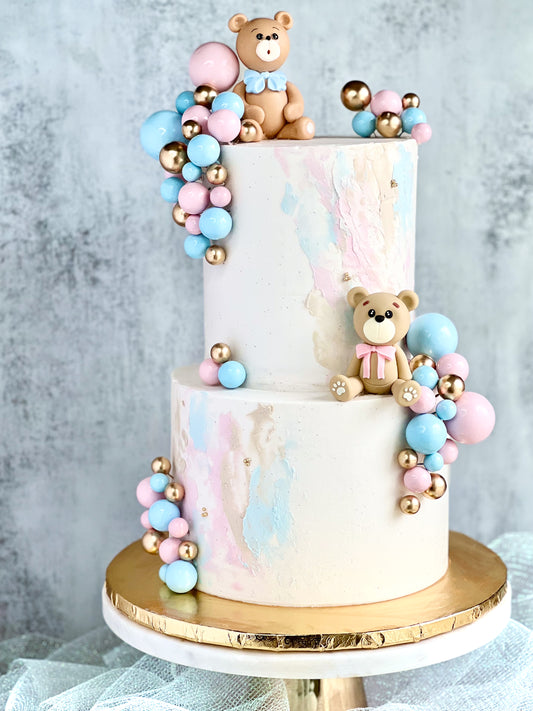 Bearly Wait teddy bear cake with neutral buttercream details – perfect for baby showers or gender reveals by Artisan Buttercream Detroit