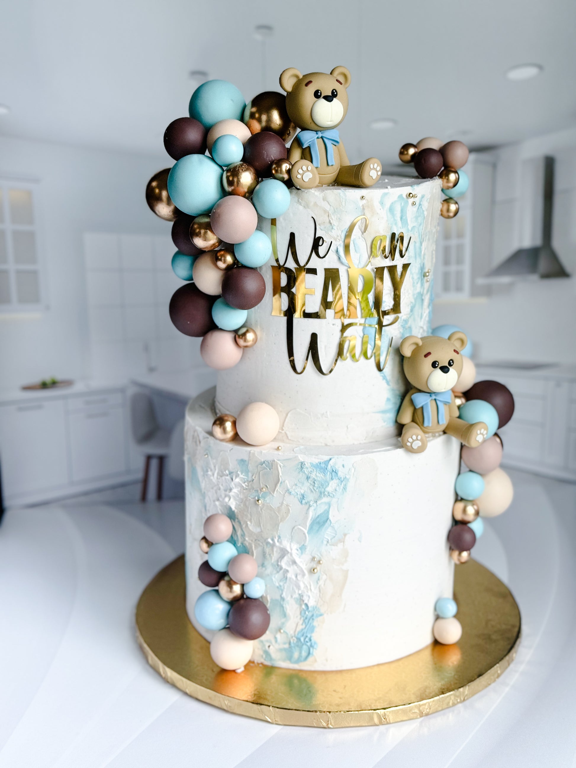 Bearly Wait teddy bear cake with soft pastel accents and buttercream piping, styled for a gender reveal celebration by Artisan Buttercream - Metro Detroit